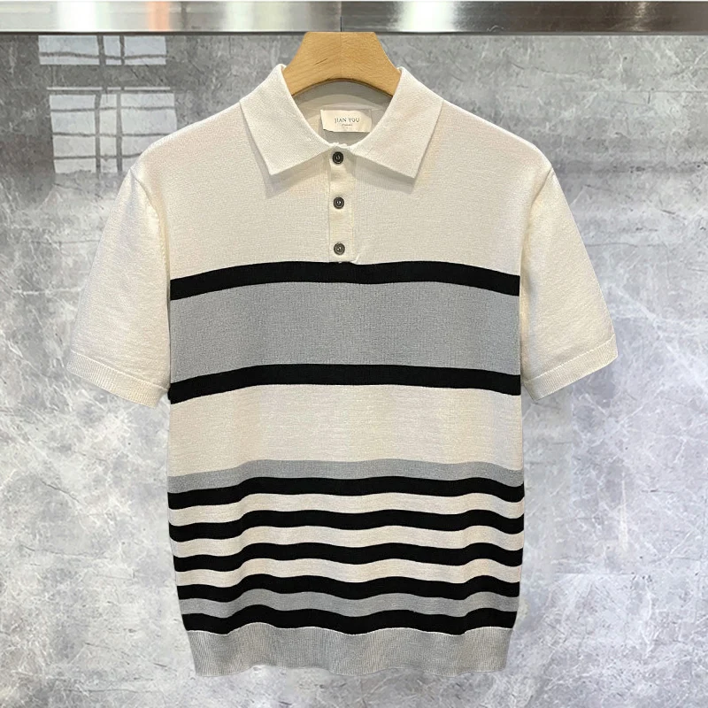 

2023 Summer Breathable Knitted Polo Shirt High Quality Contrast Spliced Color Polo Shirt Men Office Club Party Short Sleeve