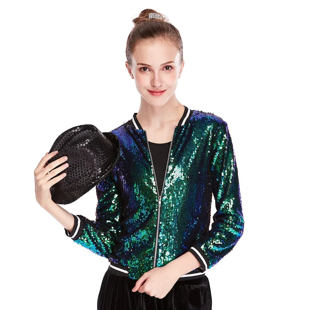 

Michal Jackson Style Fashion Street Dance Jacket Sequins Short Length Blouse Unisex Long Sleeves Full Heavy Sequined Top Quality