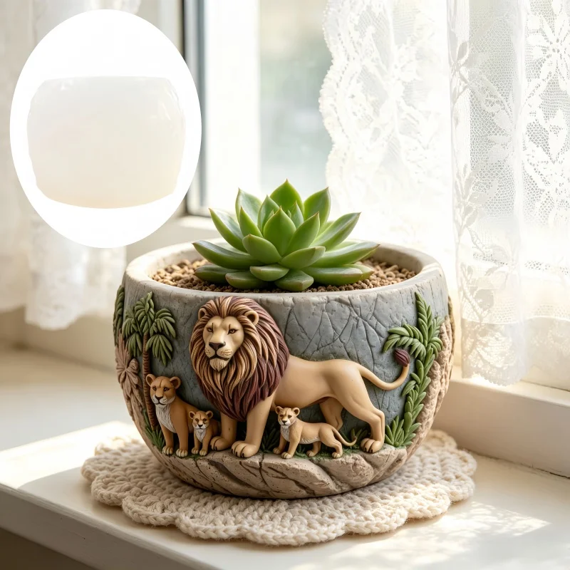 

Lion relief circular succulent plant flowerpot resin silicone mold Lion family storage box candle cup gypsum mold