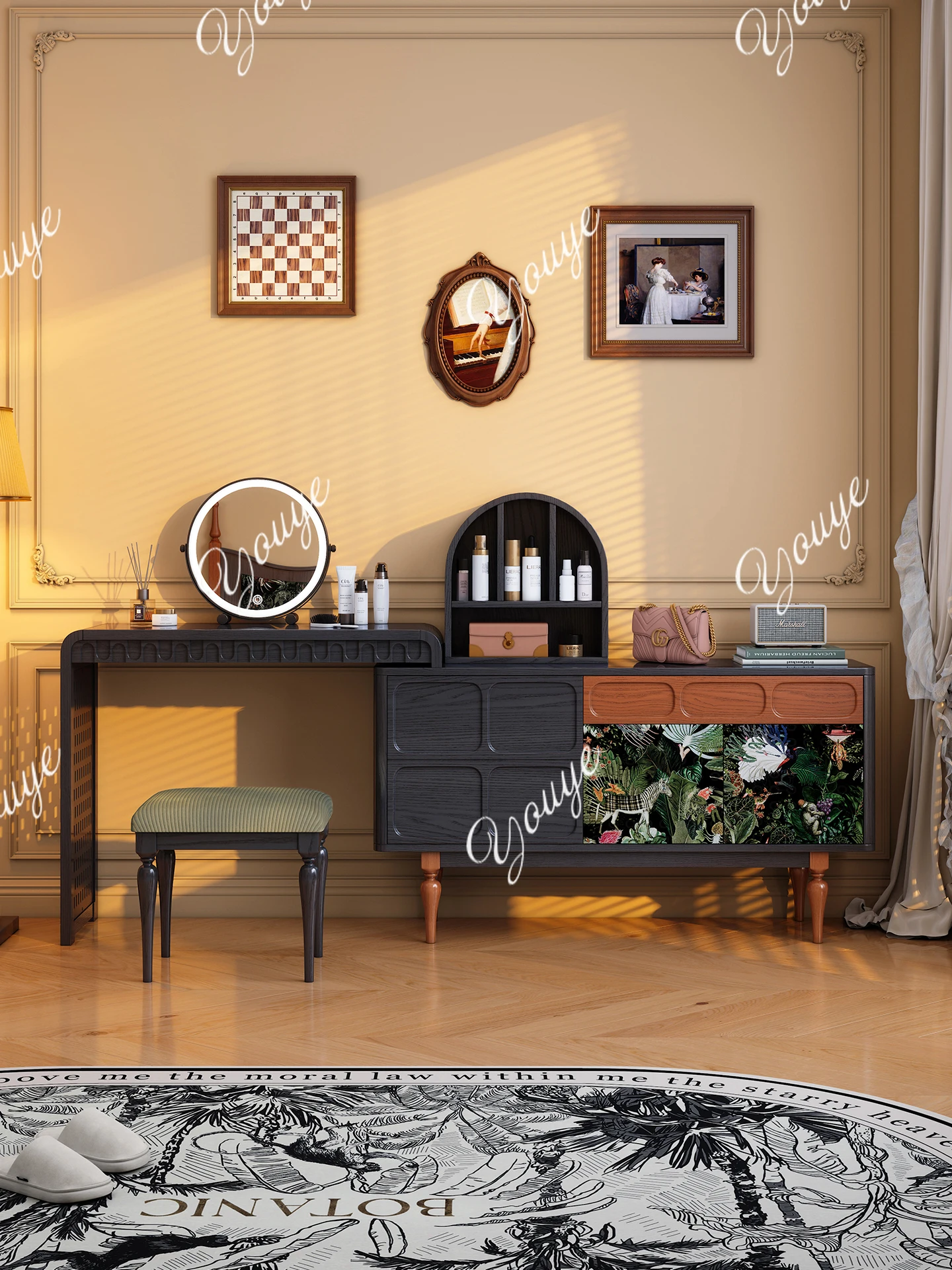 Solid wood dresser, chest, integrated French retro bedroom, retractable ash wood makeup table at the end of the bed