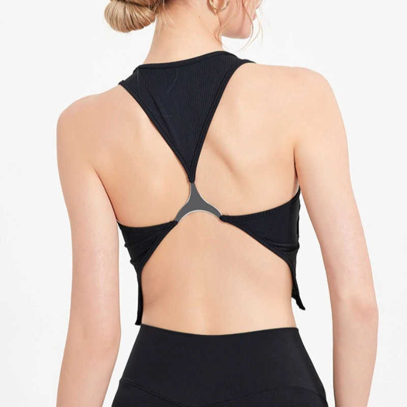 Women Ribbed yoga vest Sexy Backless Metal Buckle Padded Sports Bra Quick Dry Workout Gym Crop Top Casual sports tank top 2026