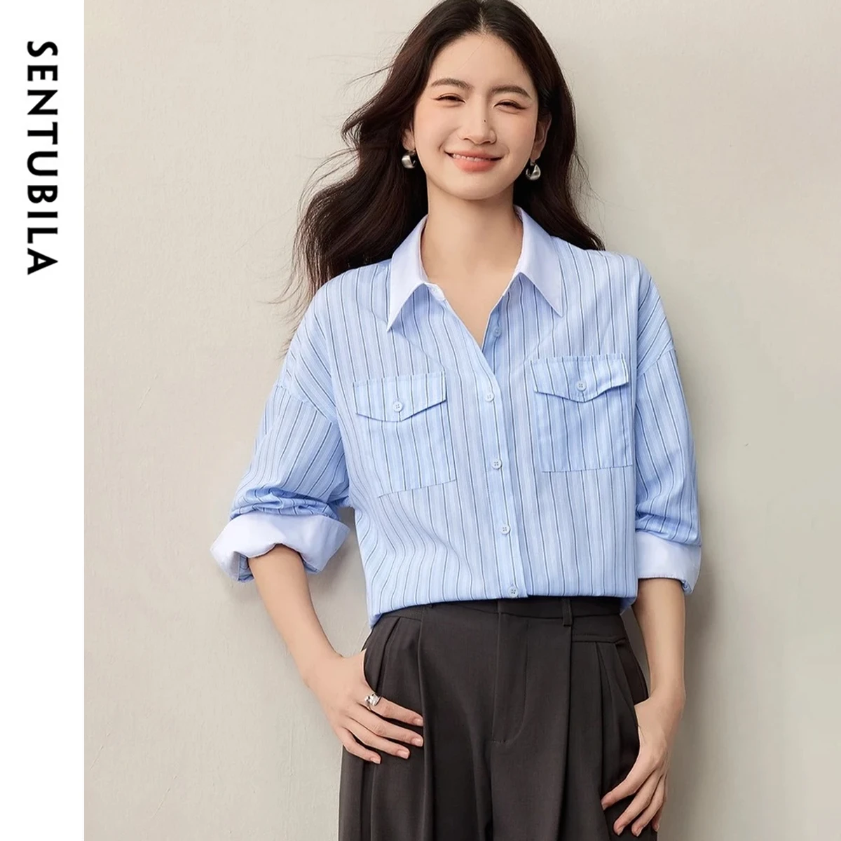 

SENTUBILA Women's Casual Shirts 2025 Autumn Long-sleeve Blue Striped Shirt Contrast Color Dual Pocket Design Tops 153CH2809