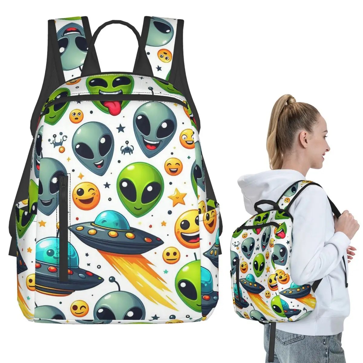 Green Alien And UFO Pattern Backpack Student BookBag Boys Girls School Bag Computer Shoulder Bags Men Women