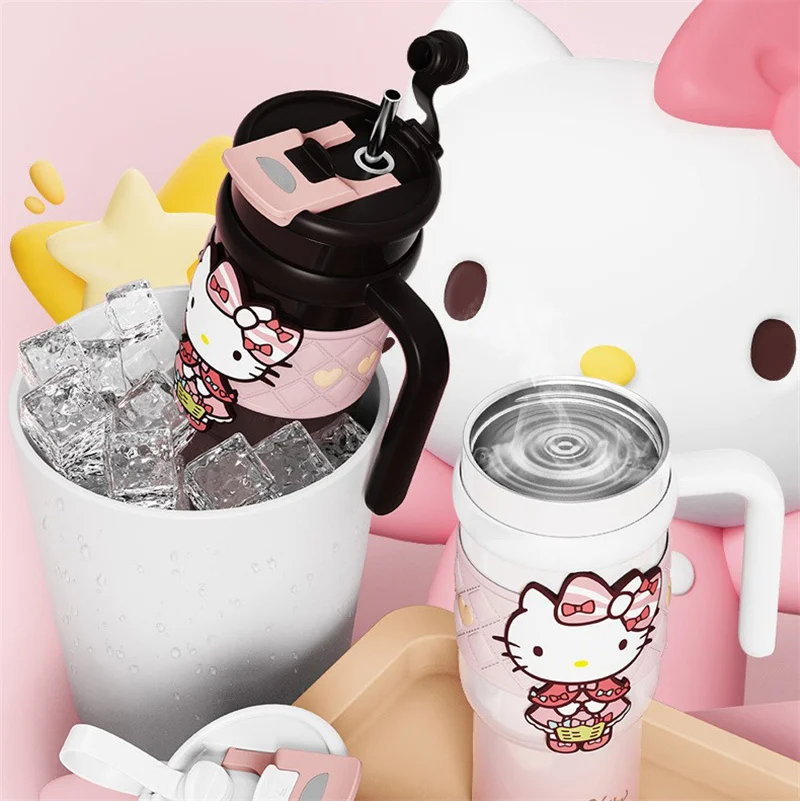 X&W Sanrio Cartoon Straw Thermal Mug Large Capacity Car Cup 900ml Outdoor Ice Bucket Cups Keep Warm & Cold Drink Cup with Handle