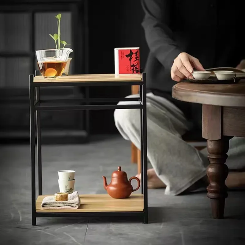 Bamboo Double Layer Tea Cup Rack Desktop Teapot Storage Stand Wrought Iron Square Organizer For Kitchenware And Tableware