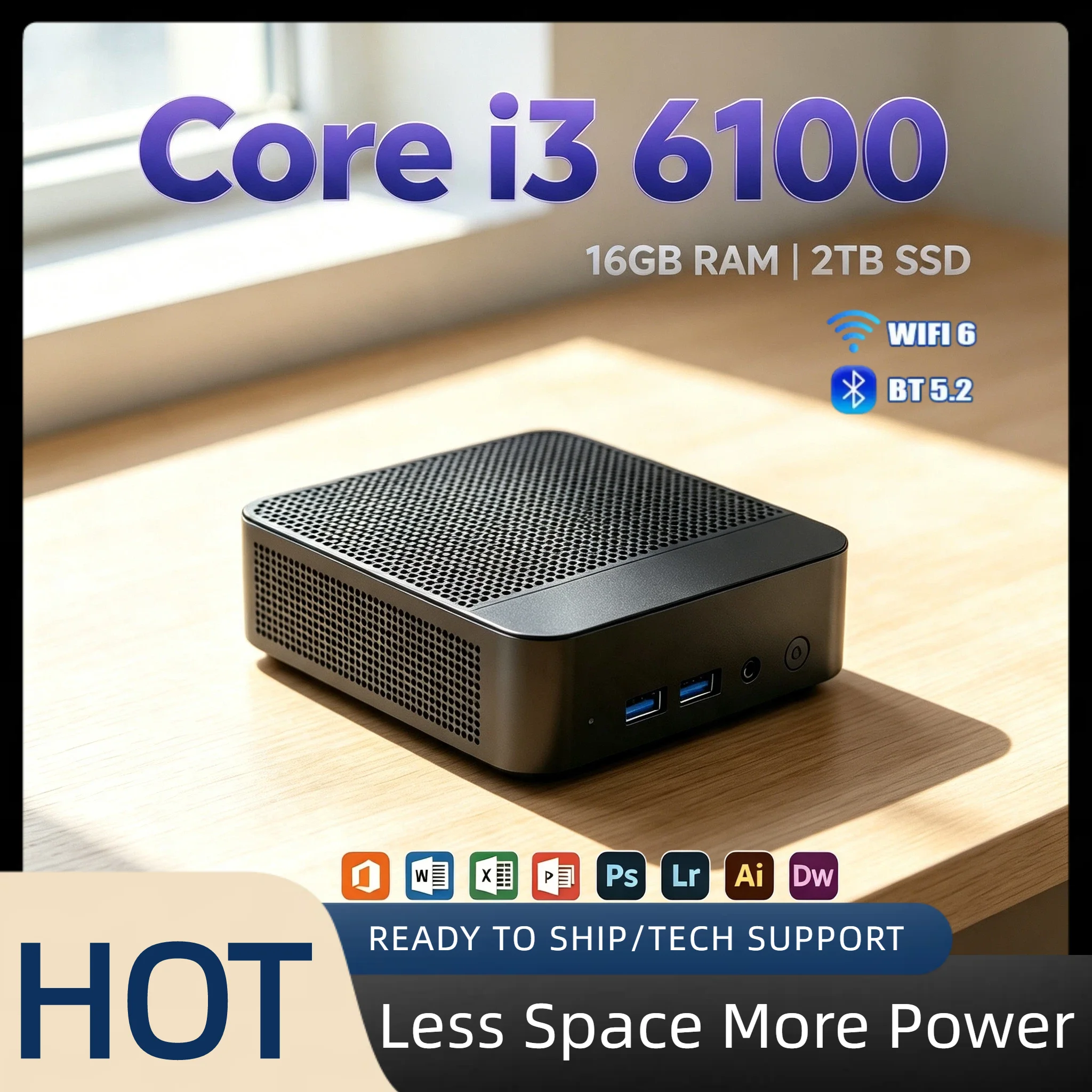 Core i3 6100 Portable Mini Desktop 16GB DDR4 M.2 NVMe SSD Triple 4K Display WiFi6 Silent Cooling Home Office Pro Max Unit PC