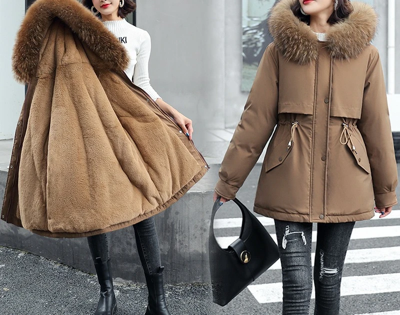 

2025 Winter Women's Medium Length Cotton Jacket with Velvet and Waist Collection Short Coat
