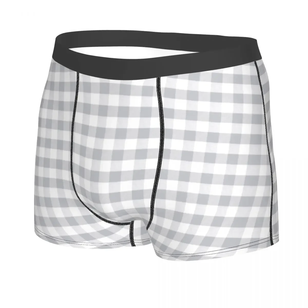 Custom Light Gray Gingham Plaid Boxers Shorts Mens Geometric Check Briefs Underwear Fashion Underpants