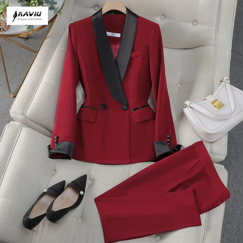 

NAVIU Wine Red Patchwork Suits Women Fashion New Temprament Formal Long Sleeve Blazer And Pants Office Ladies Work Wear Black