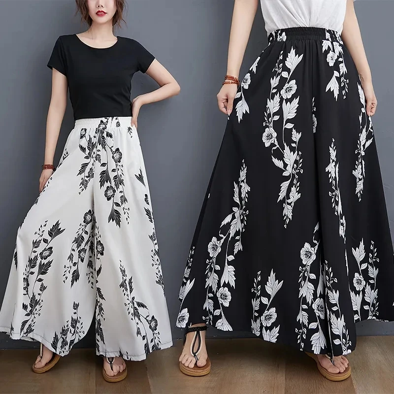 

2025 Summer Loose Comfortable Wide-leg Pants Girl Fashion Printing Elastic High Waist Vertical Feeling Simple Ladies Culottes