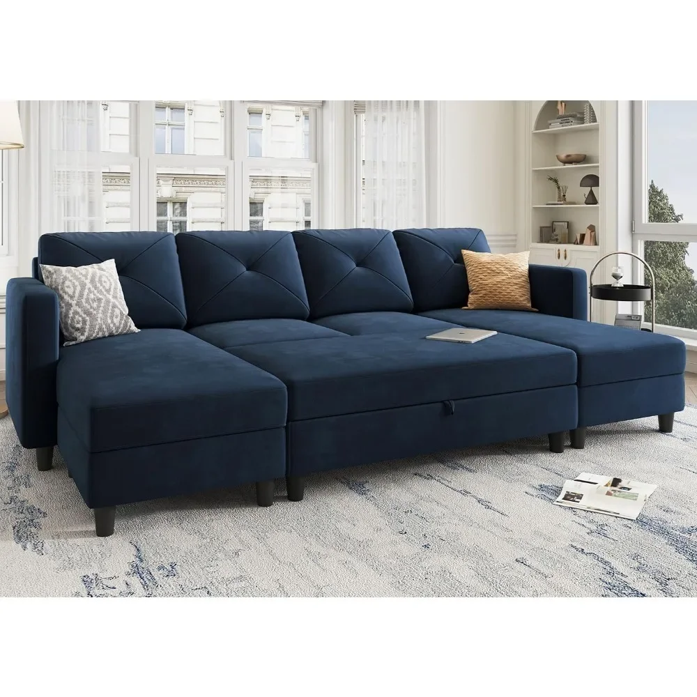 Sleeper Sectional Sofa Set Velvet U Shaped Couch with Storage Ottoman 4-Seat Sectional Sofa Set for Living Room, Dark Blue Couch