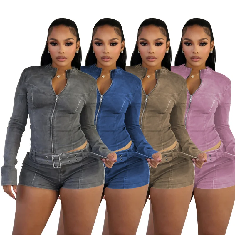 

New denim shorts setMZ88616In-stock European and American cross-border best-selling long-sleeve elastic shorts and belt set