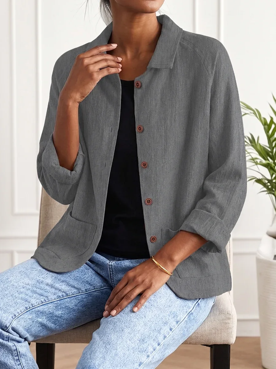 Women Casual Solid Color Button Up Jacket Loose Long Sleeve Pockets Coat Vintage Outwear Spring Autumn Fashion Office Overcoat
