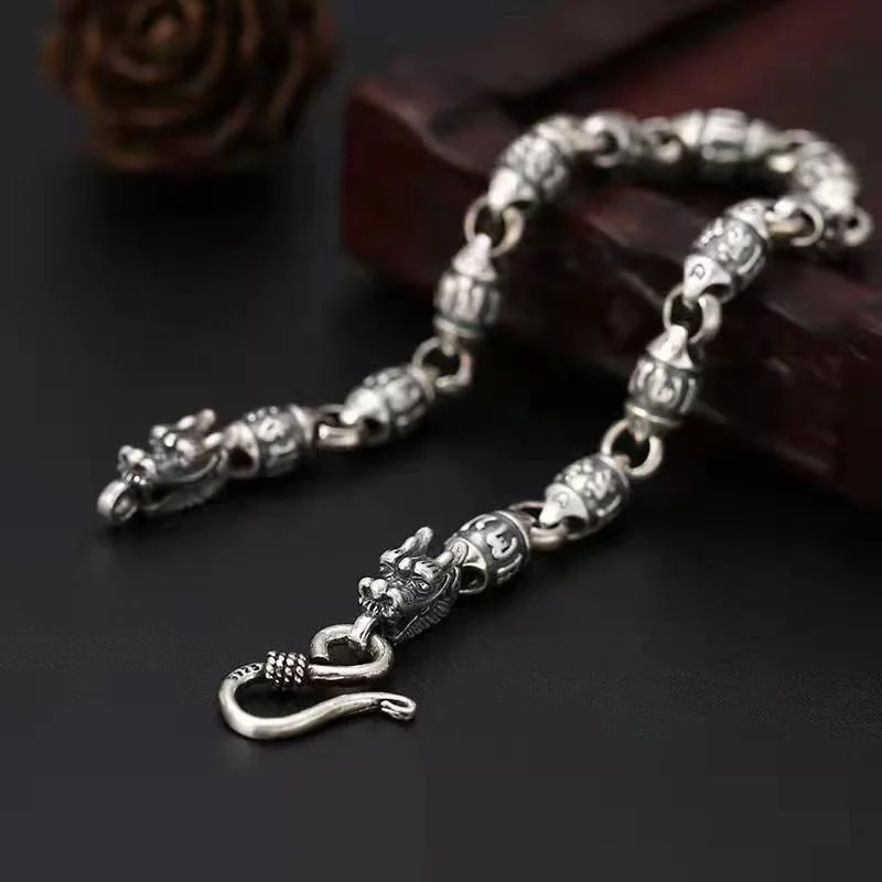 925 Silver bracelet six words True Words faucet bracelet men's retro personality fashion hand jewelry holiday gift