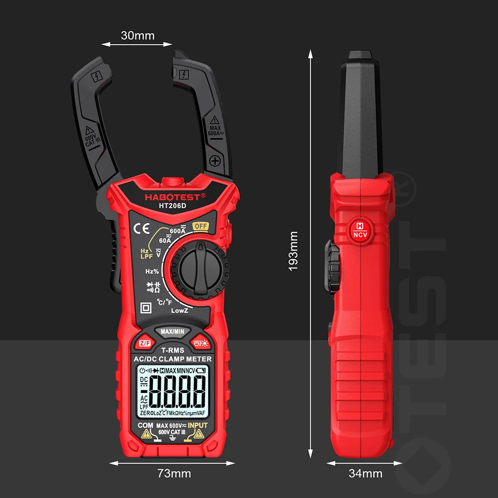 Medidor de pinza Digital serie HT206, valores eficaces verdaderos, 6000 recuentos, CA, CC, NCV, 600V, voltímetro Hz, resistencia, capacitancia, prueba de continuidad de trabajo