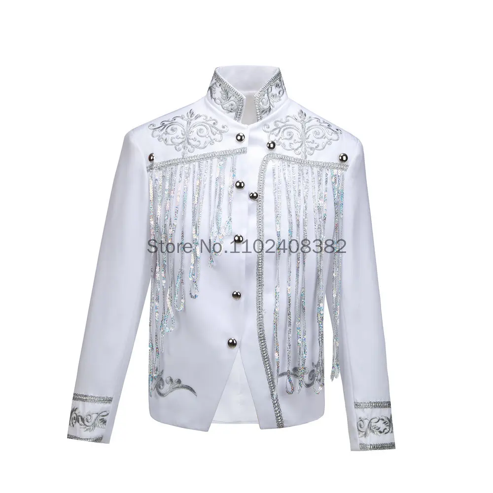 New Steampunk Men\'s Jacket DJ Dancer Ternos White Men Costumes Clothing Black and Gold Blazer with Sequin Tassels for Performer