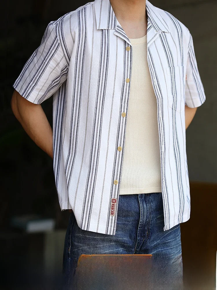 

MBBCAR Slim Fit Cuban Collar ort Sve Striped irt American Casual Hawaiian Sle Мужские летние Fren Faion irt