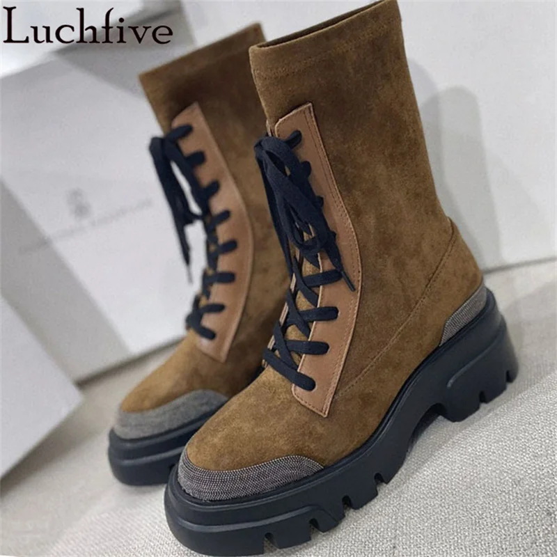 

New Suede Leather Lace up Mid Calf Boots Women Thick Sole Elastic Slip on Fashion Motorcycle Boots Winter Luxury Brand Boots