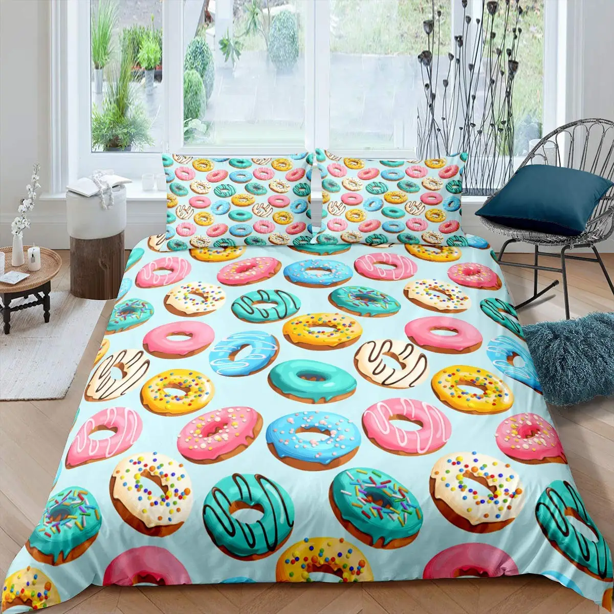 Donut Duvet Cover Set Dessert Food Theme Quilt Cover Colorful Print 2/3pcs Double Queen King Size Bedding Set for Child Girls