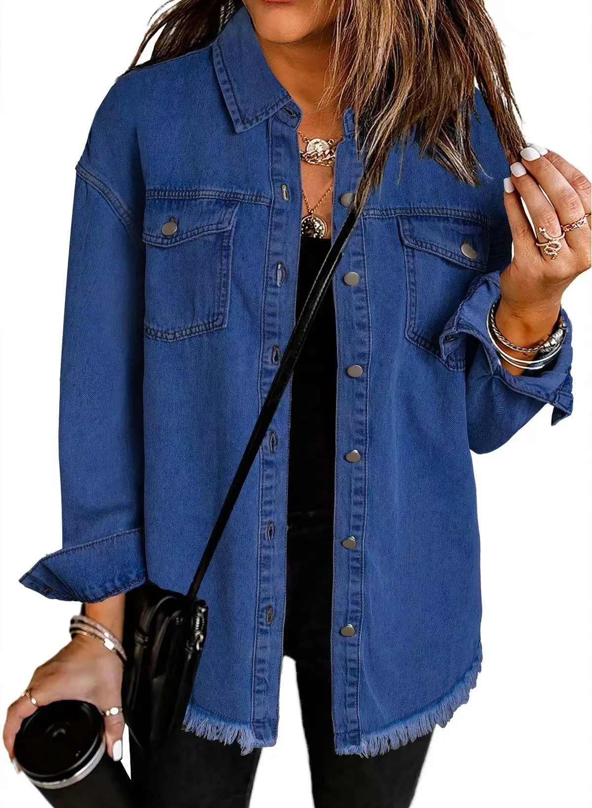 

Women's Solid Color Denim Shirt Jacket Oversized Frayed Hem Buttoned Long Sleeve Style Loose Commuting Denim Top With Pockets
