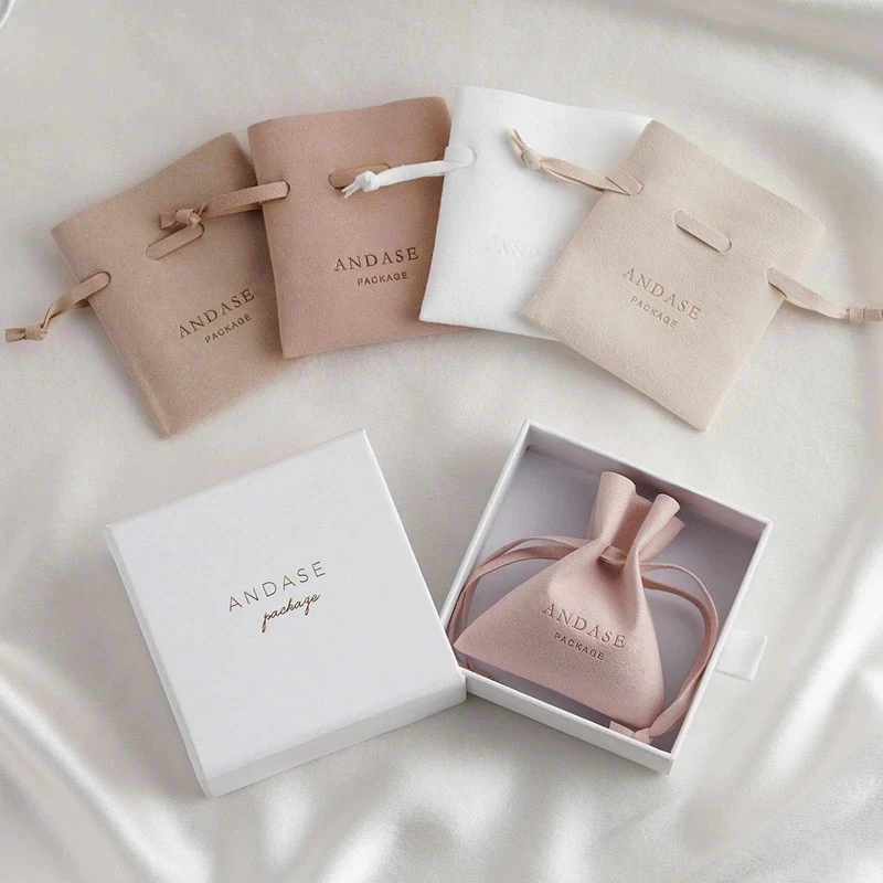 Custom Logo 10x10x1.7cm Packaging Drawer Cardboard Boxes with High Quality Handmade Personalized Microfiber Jewelry Bag Pouches
