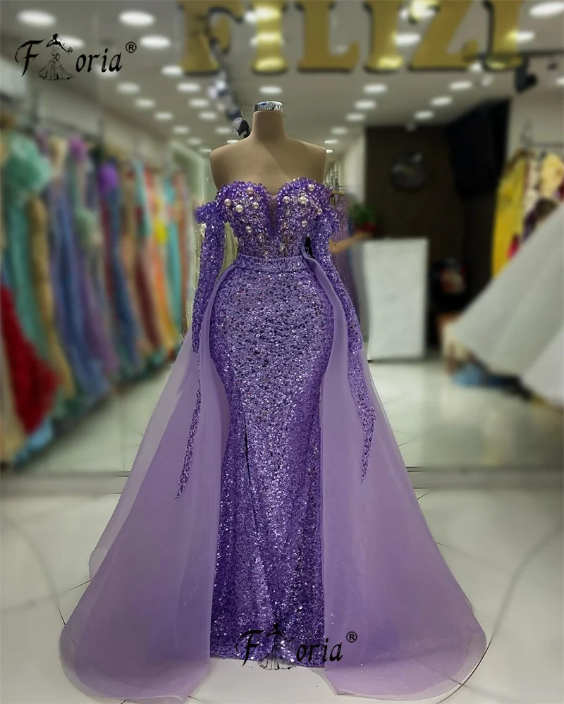 Chic Crystal Tassel Pearls Formal Special Occasion Dress Mermaid Purple Dubai Detachable Train Evening Dresses Robe Soiree Party