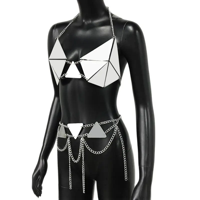 Specular PU Leather Women 2-częściowy zestaw Rave Festival Outfits Ręcznie robiony patchworkowy metalowy łańcuszek bez pleców Crop Top Lady Set