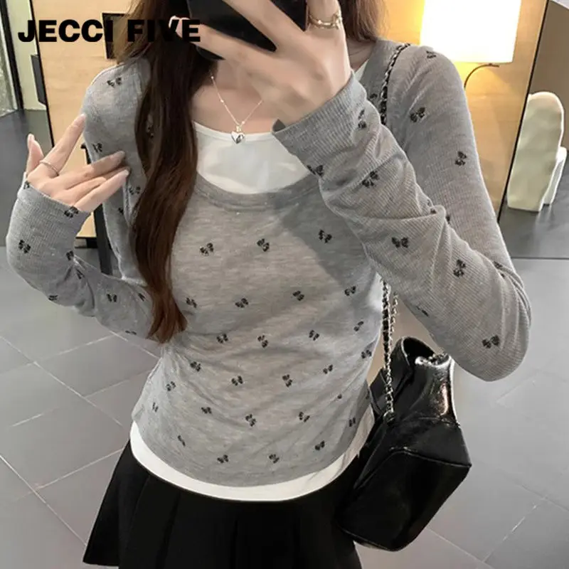 Sweet and Spicy Girl Fake Two Bow Printed Shoulder T-shirt Female Interior Bottom Unique Slimming Hoodie Top