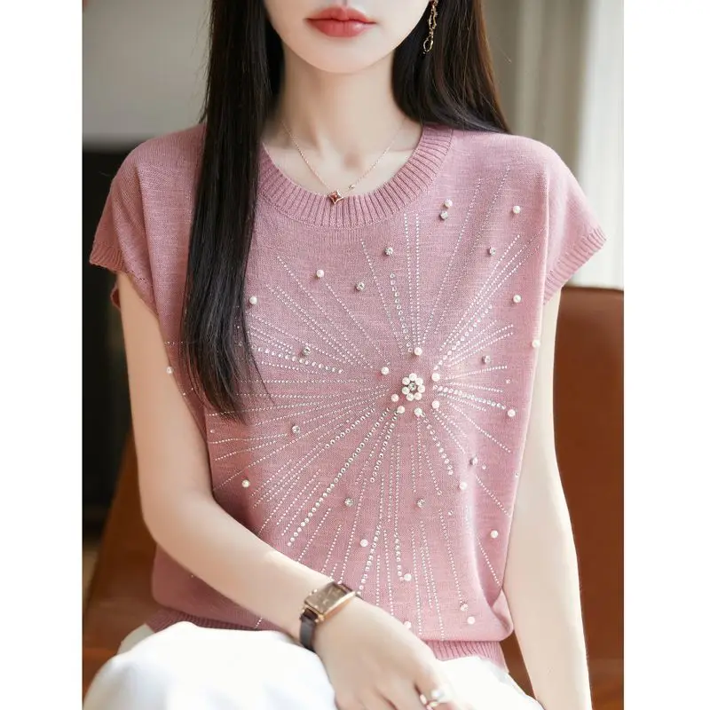 Fuochi d'artificio Perline Diamanti e T-shirt da donna a maniche corte Top slim e larghi in seta ghiacciata Alla moda