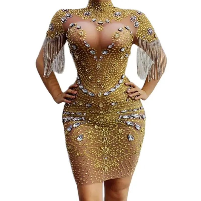 Shiny Gold Rhinestones Fringe Bodycon Short Dress Women Birthday Prom Evening Party Crystal Mesh Dresses Singer Sexy Stage Wear