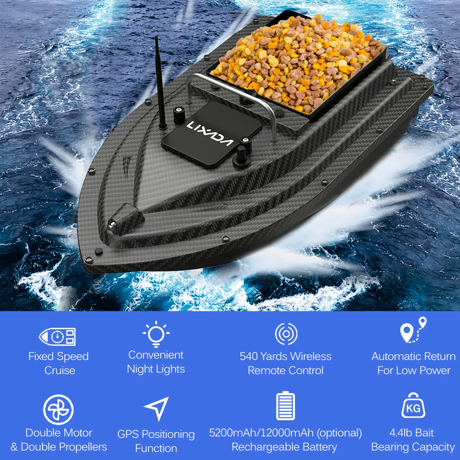 قارب طعم صيد GPS قارب طعم صيد مع حاوية طعم كبيرة قارب طعم أوتوماتيكي مع نطاق بعيد 400-500 متر