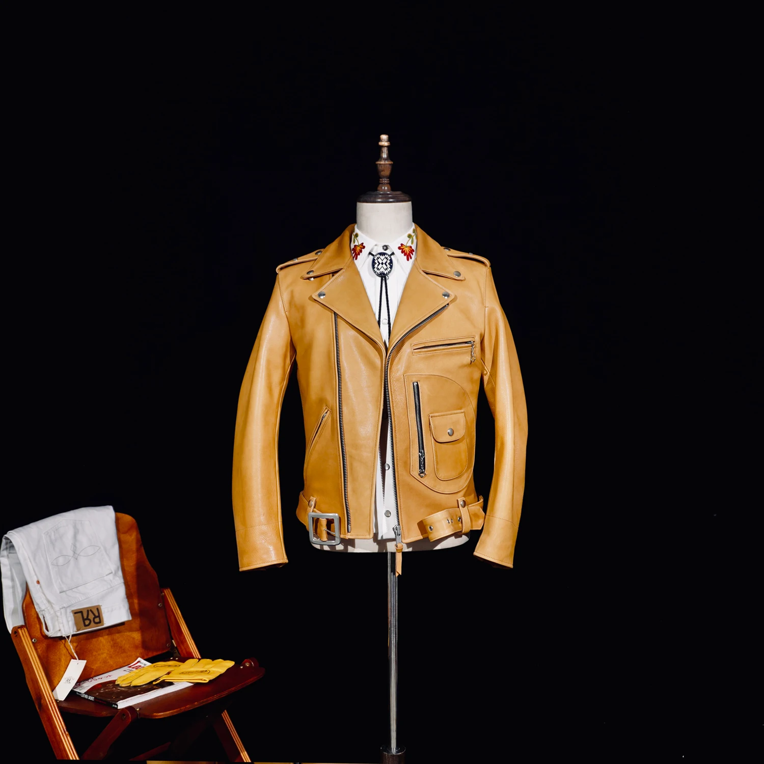 سترة Tailor Brando الأمريكية الكلاسيكية المصبوغة بالماء من جلد الغزلان الكلاسيكي المزدوج Rider J24 للدراجات النارية من الجلد الطبيعي #1