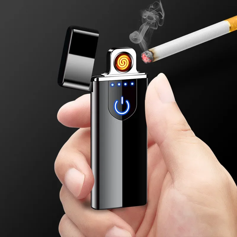 Hot Electric Windproof Metal Lighter Double Arc Flameless Plasma Rechargeable USB Lighter LED Power Display Touch Sensor Lighter