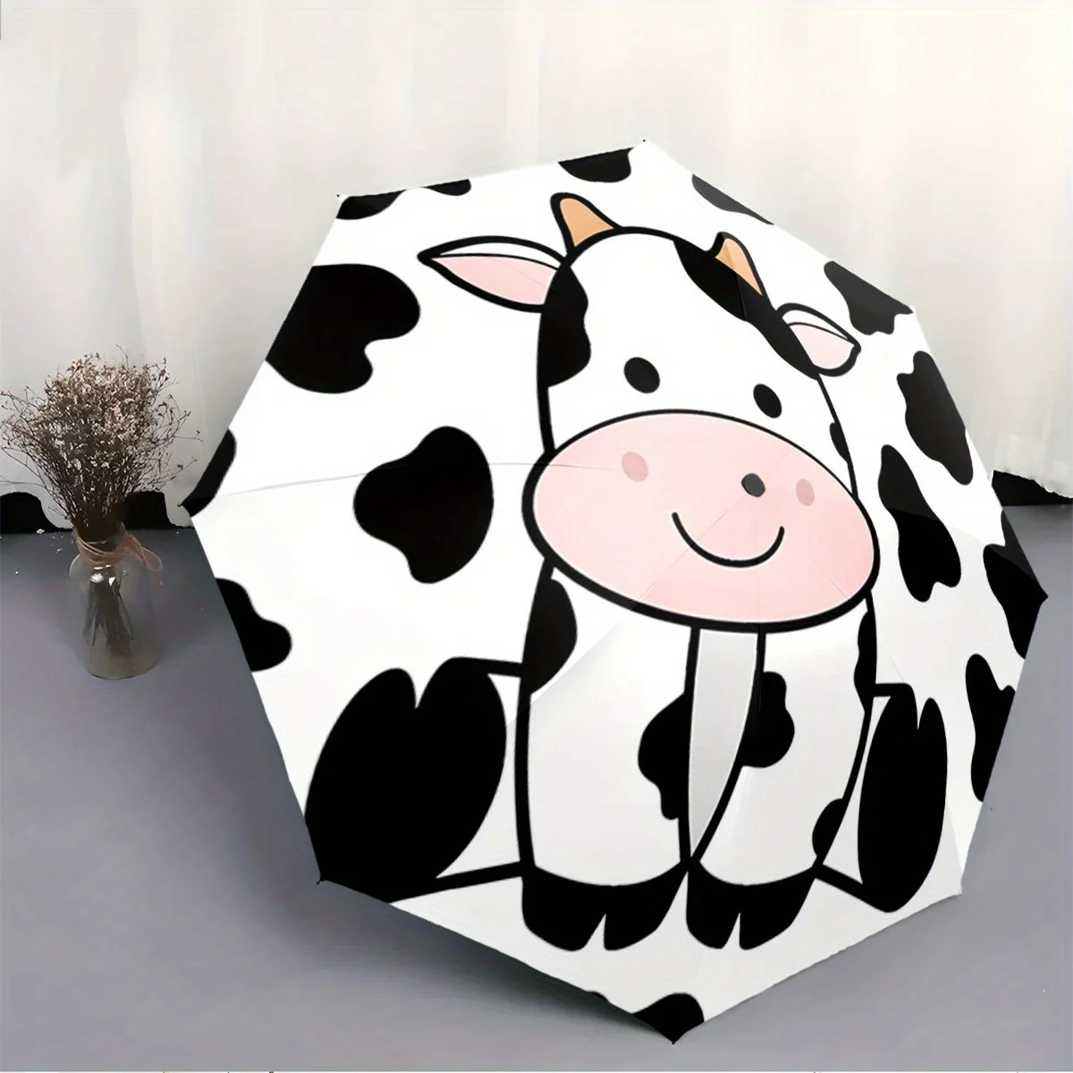 

Автоматический складной зонт с дизайном улыбающейся мультяшной коровы - черно-белый принт с коровами, прочная 8-спицевая конструкция, автоматическое открытие/закрытие