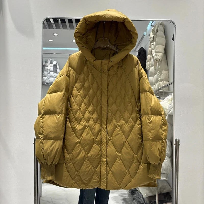 Schinteon Women's White Duck down Jacket with Hood Casual Loose Over Size Argyle Warm Autumn Winter Outwear 2025 New Coat
