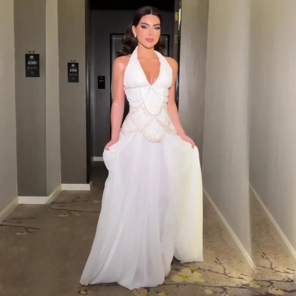 

Элегантное белое платье для выпускного вечера по индивидуальному заказу с лямкой на шее и v-образным вырезом, плиссированные из бисера, шифоновые вечерние платья, длиной до пола, вечерние платья