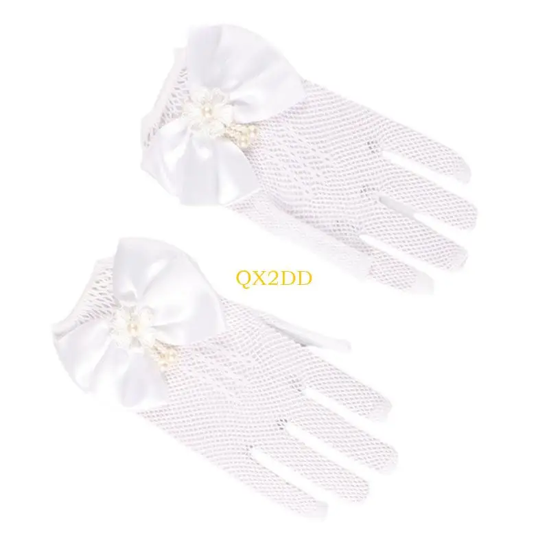 

QX2D Элегантные варежки для девочек, кружевные перчатки в сеточку из искусственного жемчуга с мягкой кружевной отделкой, которые