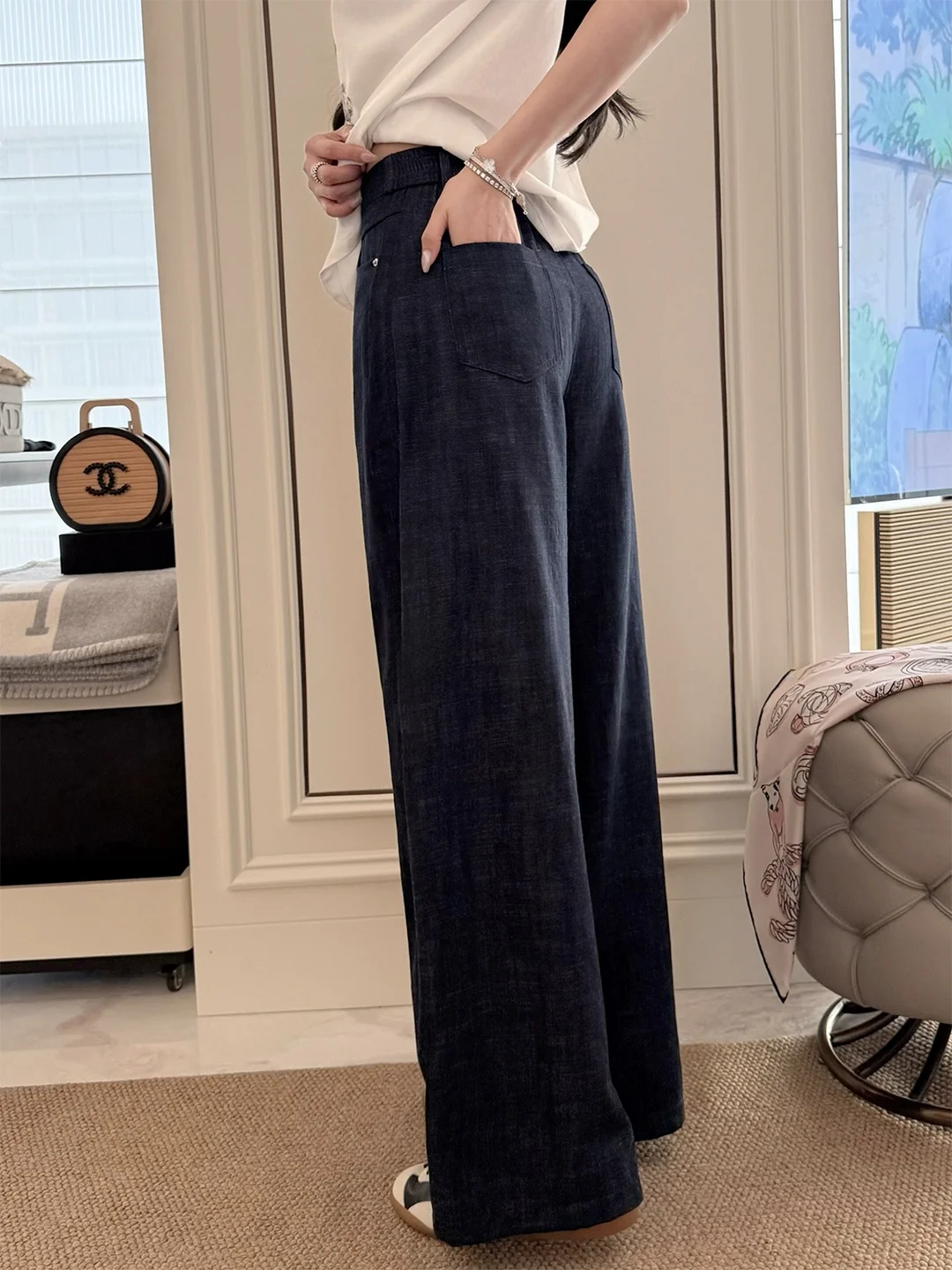 

Rubbit Chic High Waist Wide Leg Denim Pants Women's Original Color Lin Acetate Casual Straight Leg Trousers Breathable Spring