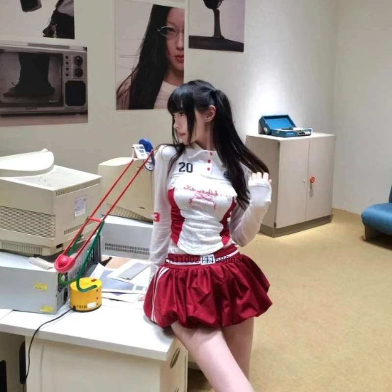 Costume da ballo di strada T-shirt americana in pizzo dolce e piccante a maniche lunghe da donna, vestibilità aderente, polo dimagrante, set di design