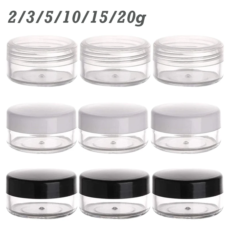 

100 шт., 2/3/5/10/15/20 г, круглая банка для крема, пластиковые косметические контейнеры с крышками, мини-горшки для образцов, портативные дорожные многоразовые бутылки
