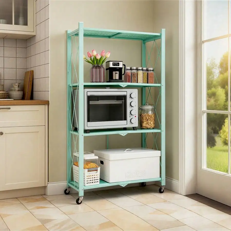 Upgraded 4-Tier Foldable Storage Shelf With Wheels ,Collapsible Shelving Unit,750 Lbs Large Capacity Storage Trolley,Display Met