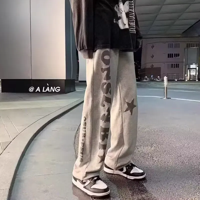 

High street ins pants for men in spring and autumn, niche design, printed loose straight leg wide leg sports and casual pants