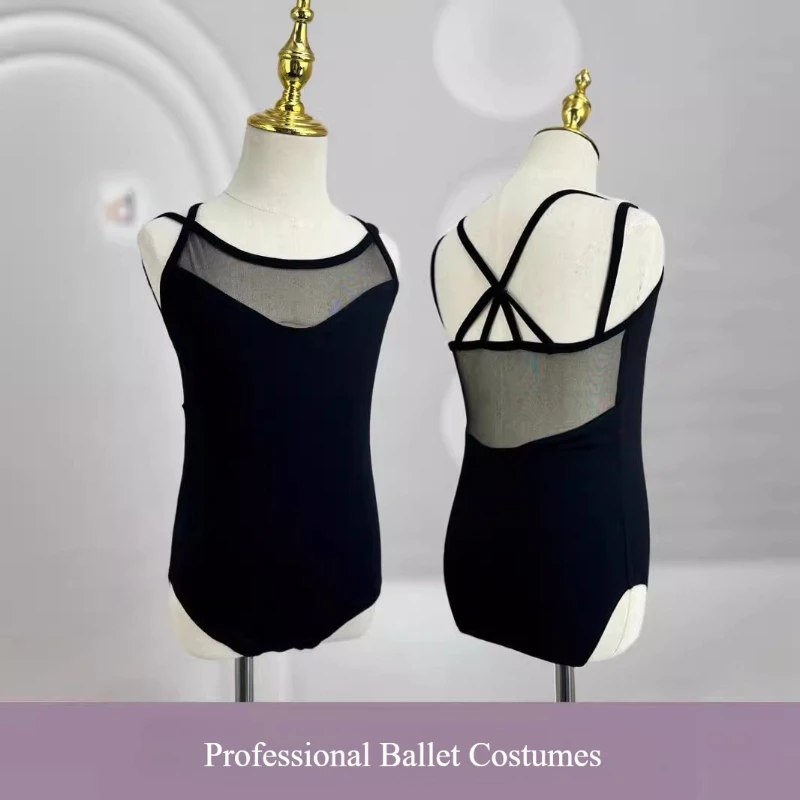 

Kids Sheer Neckline Ballet Leotard Spaghetti Straps Gymnastics Leotard for Dance Class RecitalLeotard Crisscross Back Camisole