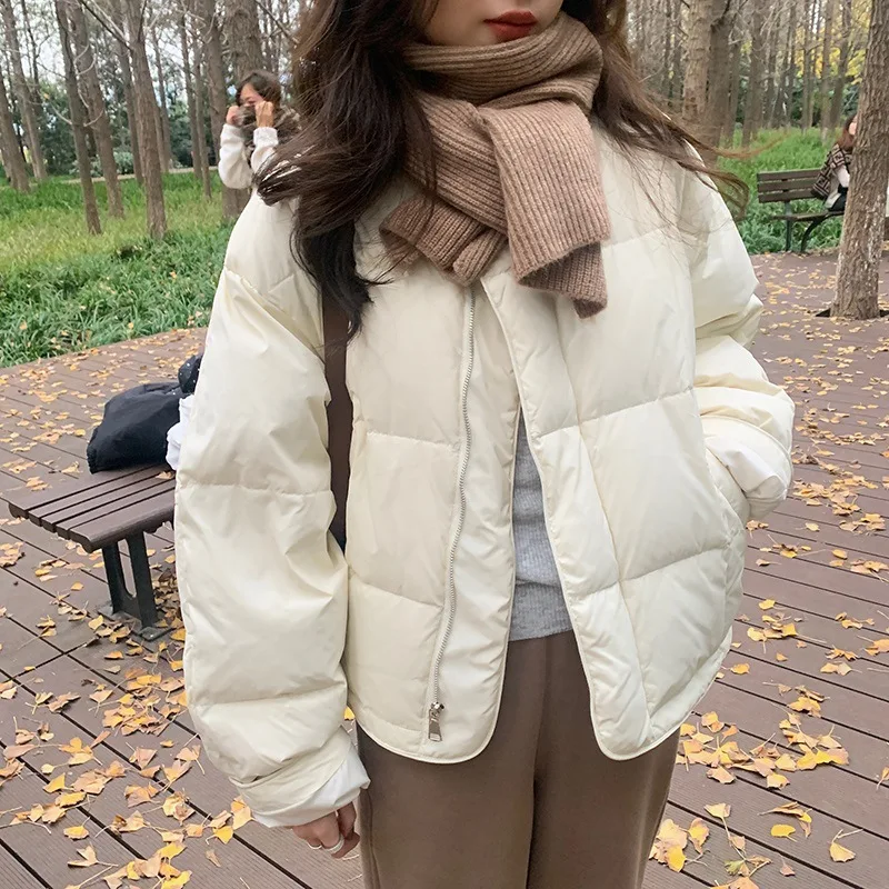 المرأة أسفل سترة الراقية الاتجاه قصيرة سترة منفوخة معطف الشتاء يندبروف الأبيض بطة أسفل ملابس خارجية دافئة البريدي كم طويل #3