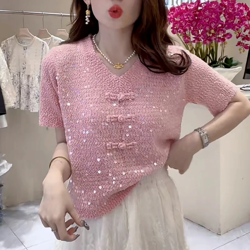 Fashion New Chinese Summer Simple V-neck Short Sleeve Sequined T-shirt Women\'s Solid Patchwork Button Casual Versatile Knit Tops