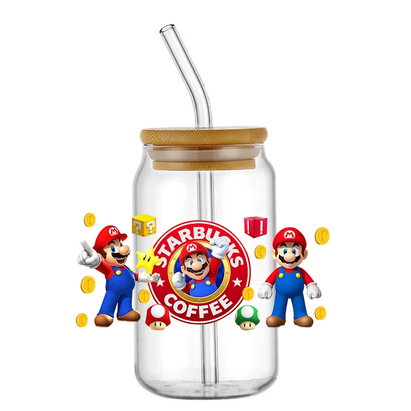 Miniso Super Mario Racing Pattern UV DTF Transfer Sticker Waterproof Transfers Decals For 16oz Glass Cup Wrap Stickers