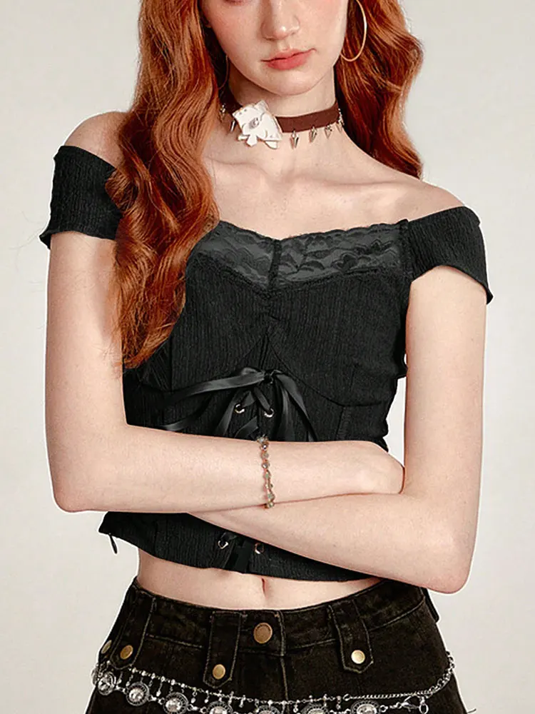 

New Retro Lace Stitching One-Shoulder Neckline Slim Top Black Sexy Cropped Top Woman Clothes Y2k Trends Fashion Item Small Shirt