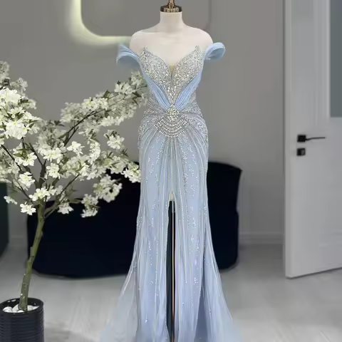 Elegant Sky Blue Mermaid Prom Dress with Split Off-shoulder Evening Dress Luxury Crystal Beaded Celebrity Dress Customized