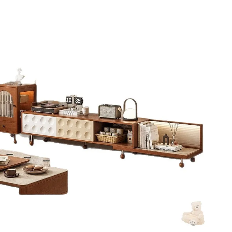 

Nordic style retro retractable wooden storage cabinet, new solid wood TV cabinet combination supports complete installation