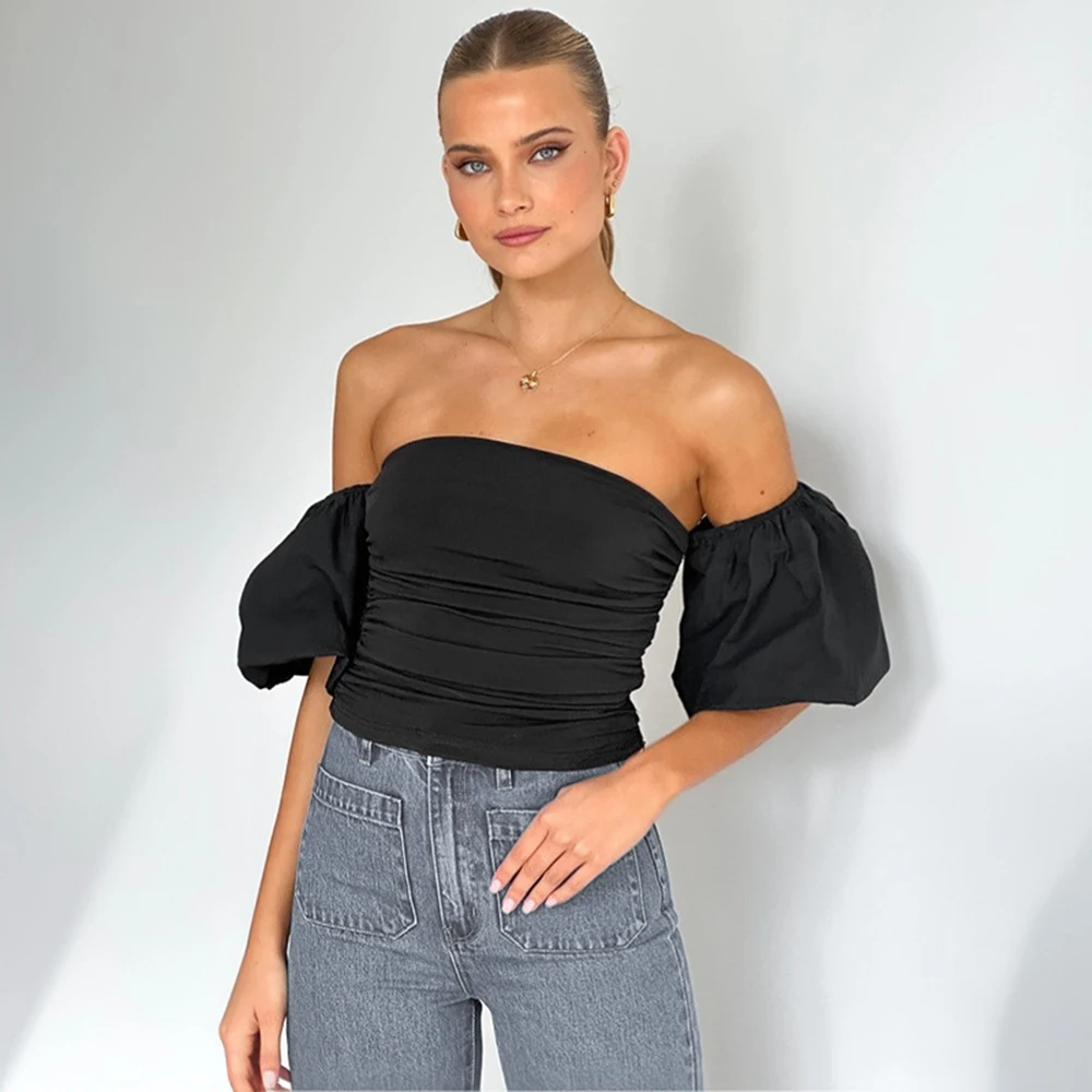 Frauen Sommer Neue Solide Sexy Slim Fit Plissee Blase Hülse Einteiliges Top Trendy Spicy Girl Stil Falten Trägerlosen bluse